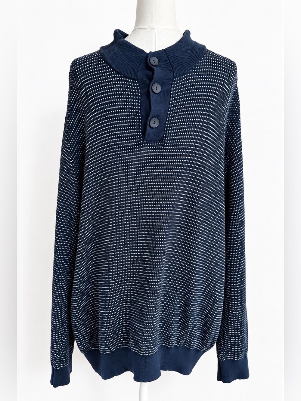 Vintage L.L.Bean Cotton Cashmere Sweater Mens XL Navy Birdseye Mock Neck